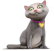 Cartoon cat with purple collard and heart shaped pendant